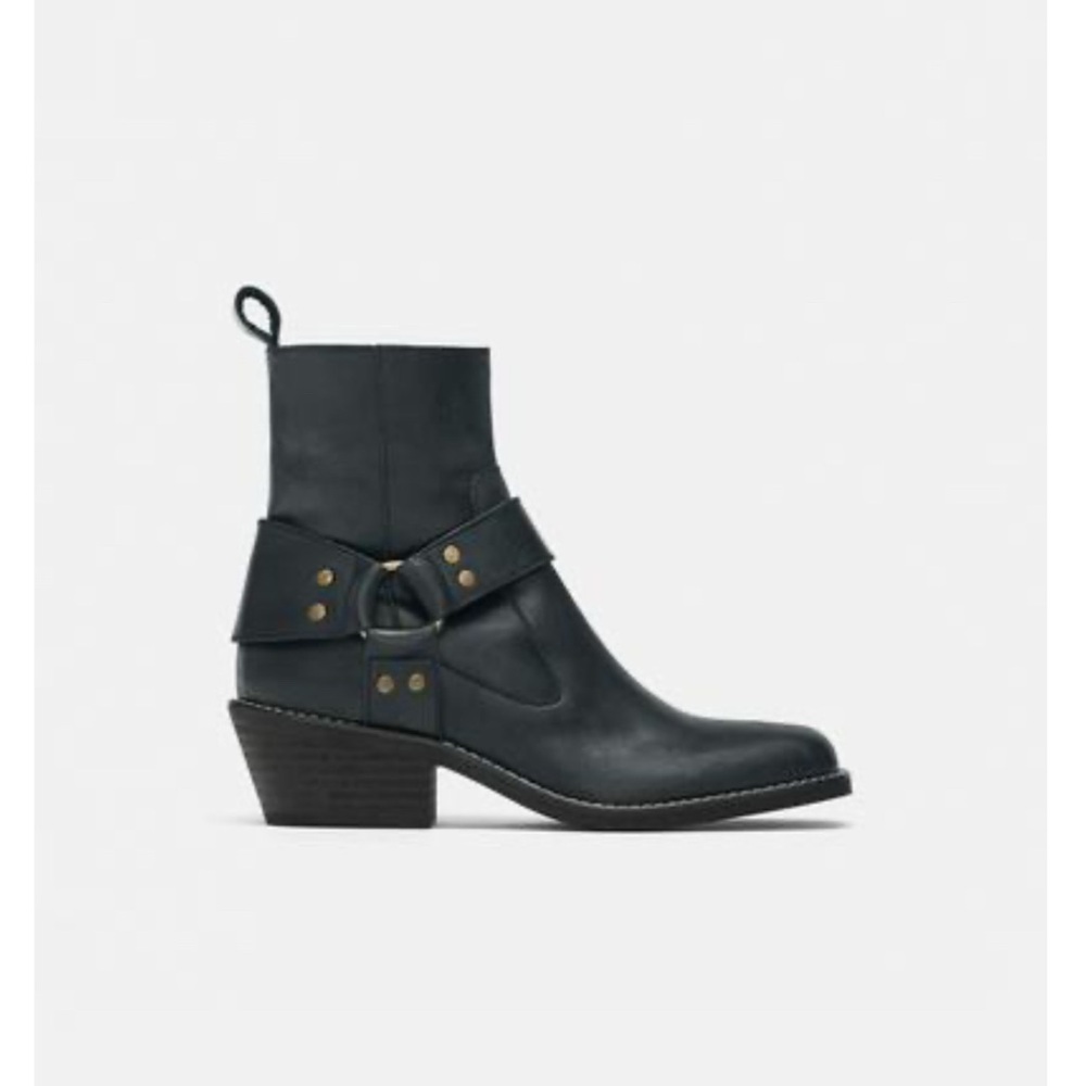 Black Leather Ankle Harness Boot with Block Heel